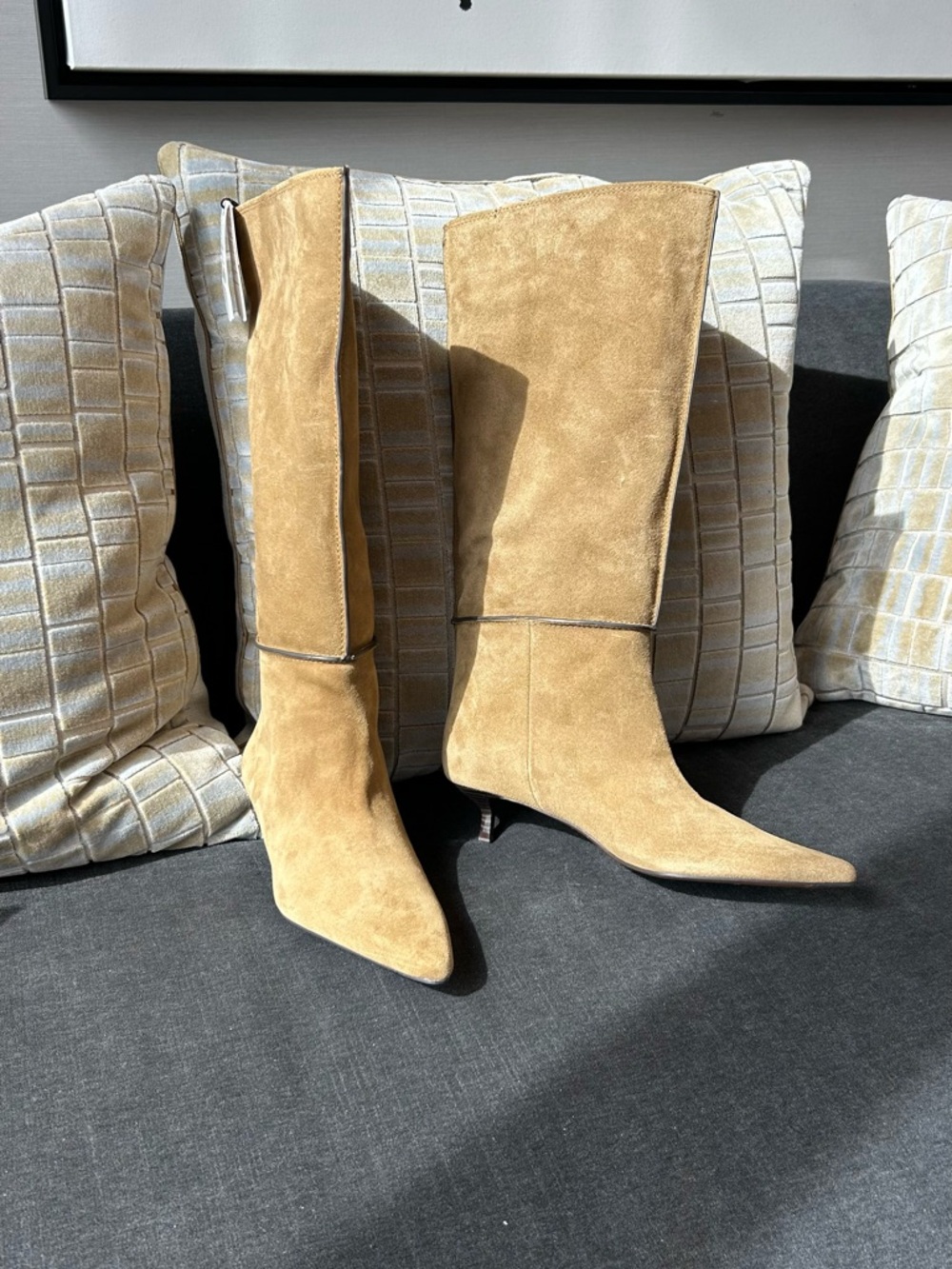Zara Tan Suede Knee-High Pointed-Toe Boots